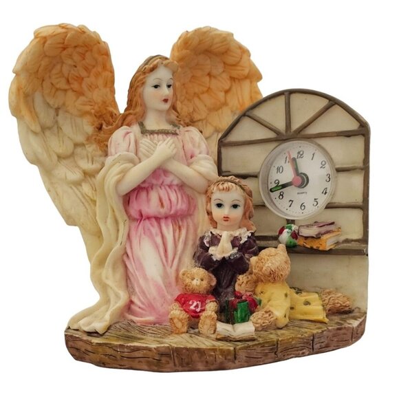 Angel Clock Figurine with Praying Child & Teddy Bears Clock in Good Working Cond - Picture 1 of 7